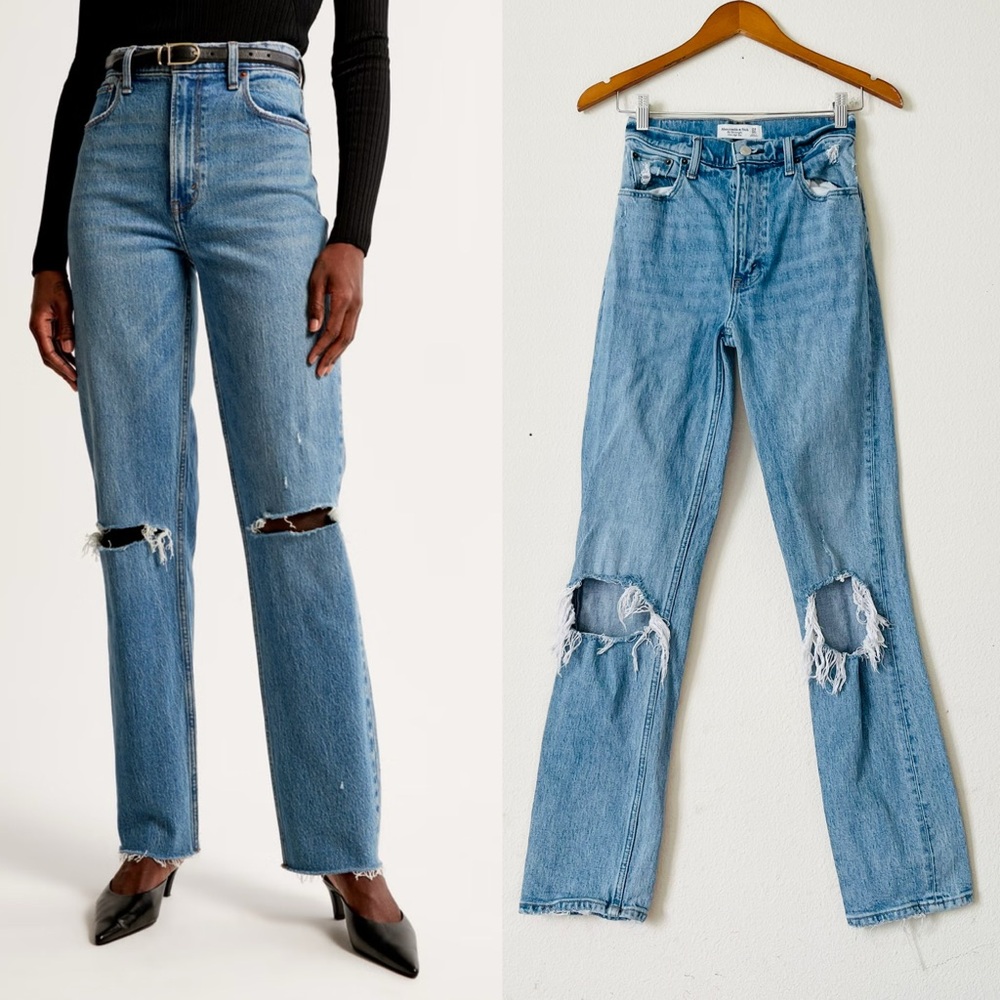 Abercrombie & Fitch 24 LONG the ‘90s Straight Ultra High Rise knee rip jeans